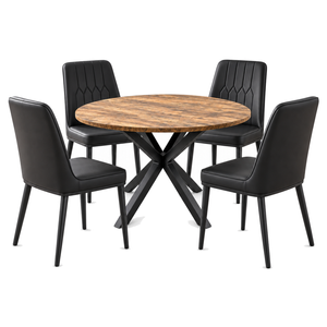 FORET 5 Piece Round Dining Table And 4 Black PU Chairs Set