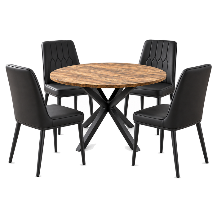 FORET 5 Piece Round Dining Table And 4 Black PU Chairs Set