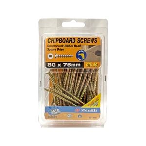 Zenith 8G x 75mm Gold Passivated Square Drive Chipboard Screw - 50 Pack