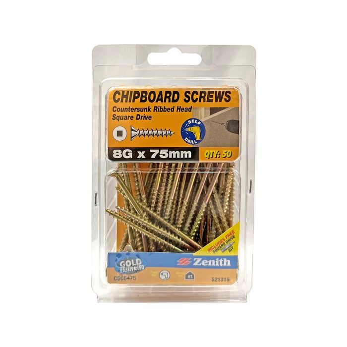 Zenith 8G x 75mm Gold Passivated Square Drive Chipboard Screw - 50 Pack