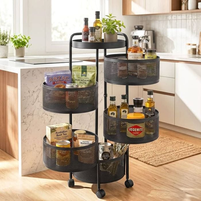 Homfurn 5-tier Rotating Storage Trolley – Swinging Mesh Baskets, 360° Wheels With Locks, Black