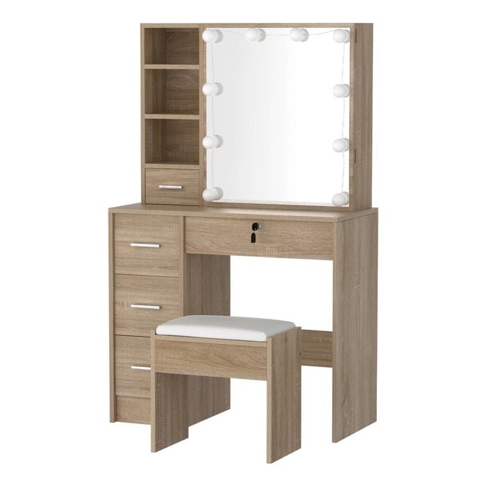 Dressing Table with Mirror Lights, LED Mirror Makeup Stool Set Wooden Vanity Desk Table, 5 Drawers Shelves Wide Tabletop, Wood
