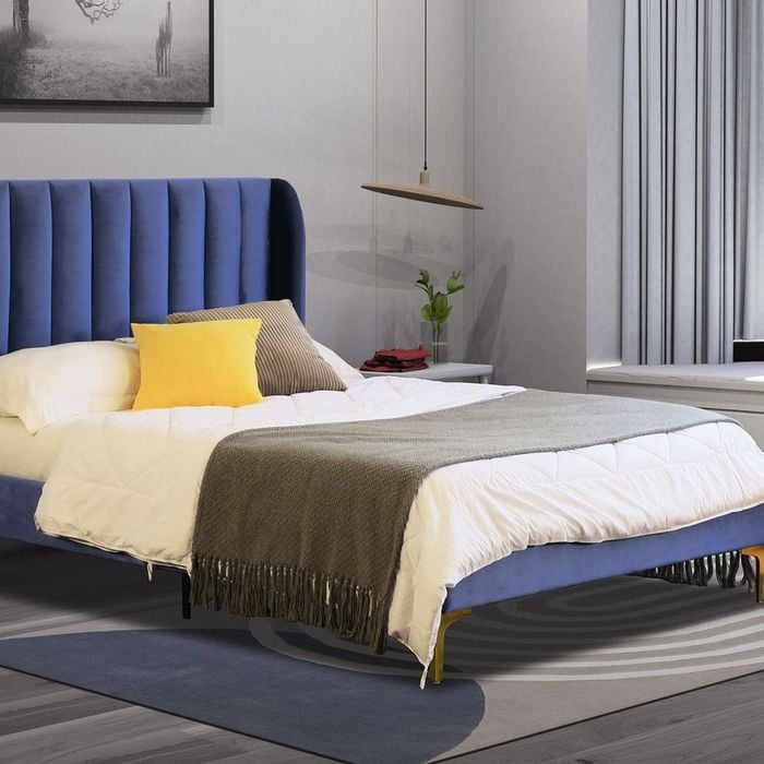 Istyle Modern Classic Herman King Single Velvet Bed Frame Blue with Gold Legs