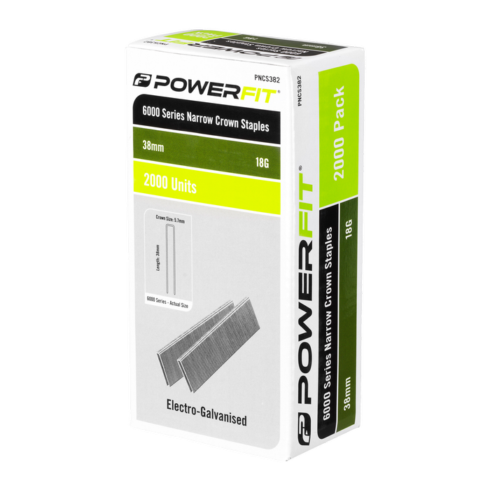PowerFit 38mm 6000 Series Electro-Galvanised Narrow Crown Staples - 2,000 Pack