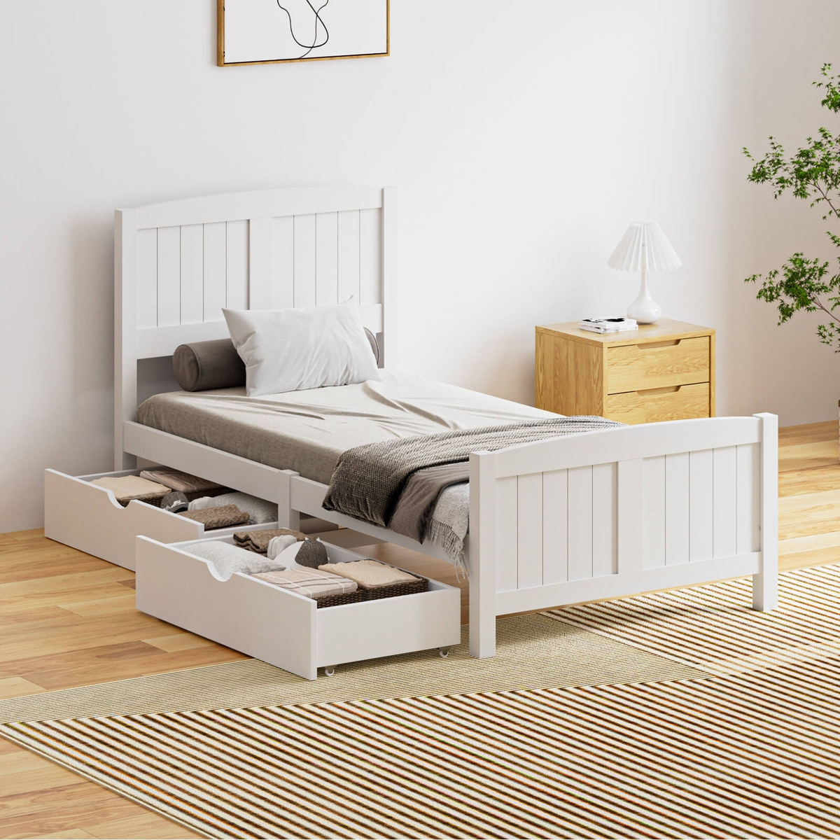 Oikiture Wooden Bed Frame Single Size with Trundle Drawers White ...