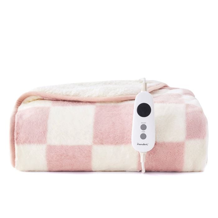 Dreamaker Checkered Plush Reversible Sherpa Washable Electric Heated Throw Blanket Pink & Cream - 130 X 160cm | 9 Heat Settings