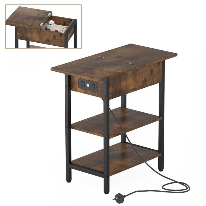 Advwin Side Table Flip Top Sofa End Table w/ Charging Station Narrow Bedside Table Walnut