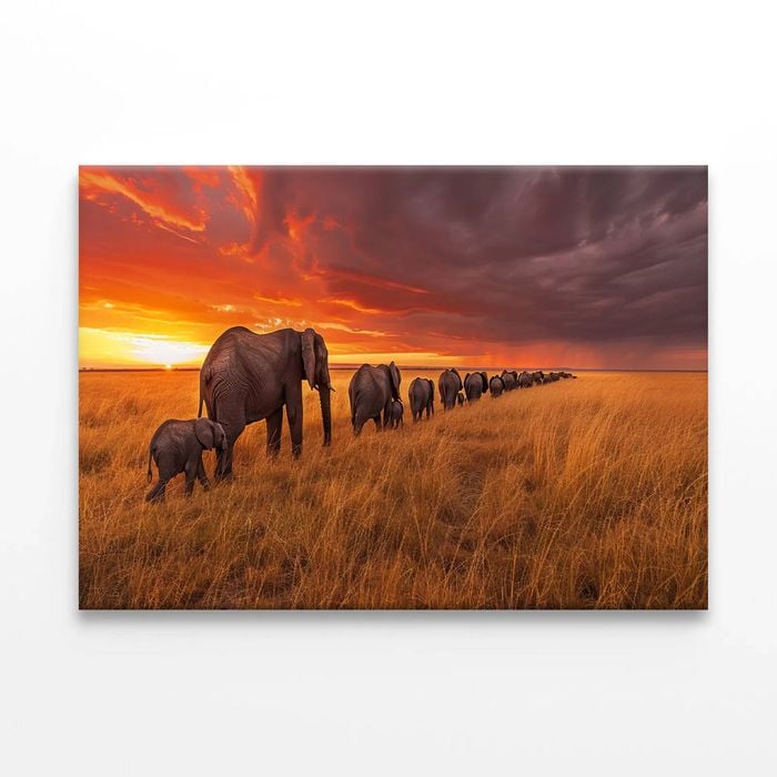 Elephants Moving Across an Field  Print 100% Australian Made 150 x 100cm  (Stretched)