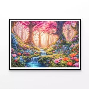 Painting of Waterfall, Flowers  Print 100% Australian Made 90x60cm  (Poster)