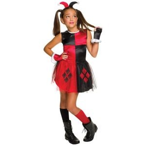 Harley Quinn Kids Halloween Costume Dress with Tutu &amp; Headband Official DC Comics – Red Colour, 3-5-YRS