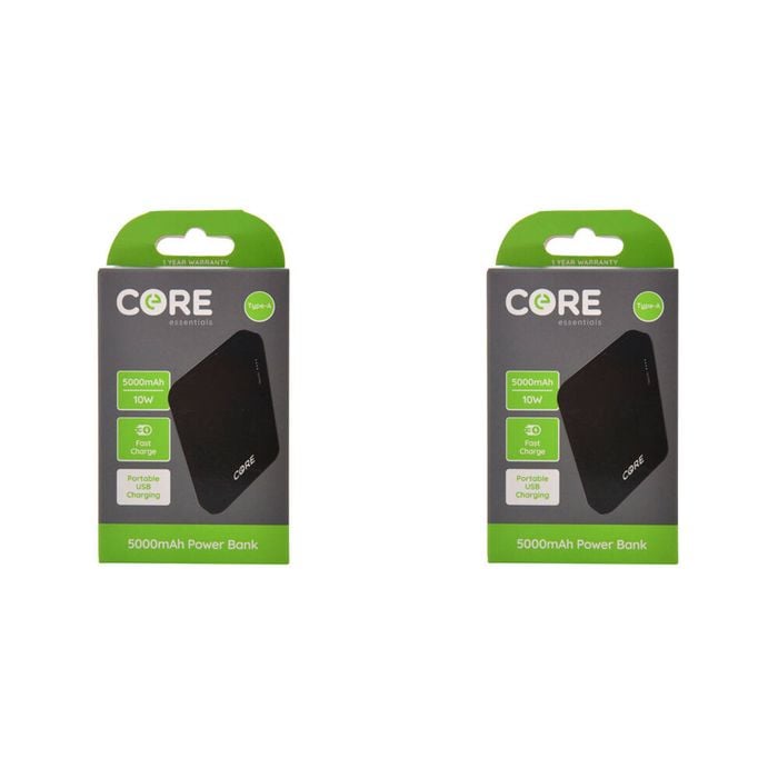 2PK Core Essentials USB-A 5000mAh Power Bank 10W - Black
