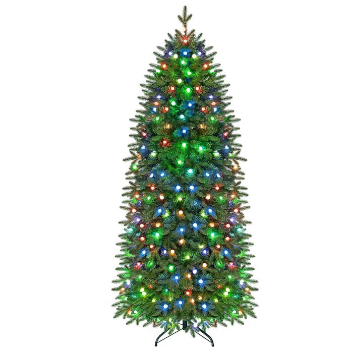 Costway 1.9m Smart Pencil Christmas Tree Xmas Decoration Pre-Lit RGB LEDs Music Remote & APP Hinged Gloves-Green