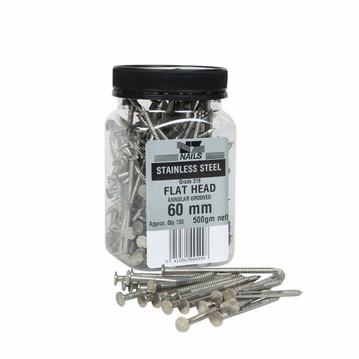 NZ Nails 60 x 3.15mm 500g 316 Stainless Steel Flat Head Nail