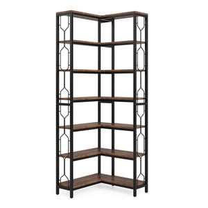 Oakory 7-tier Hexagonal Corner Bookshelf 200cm Tall With Railings Rustic Brown Wood And Black Metal Frame