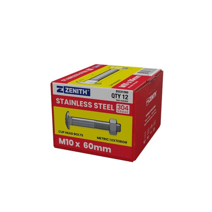 ZENITH M10 x 60mm Stainless Steel 304 Grade Cup Head Bolts And Nuts - 12 Pack