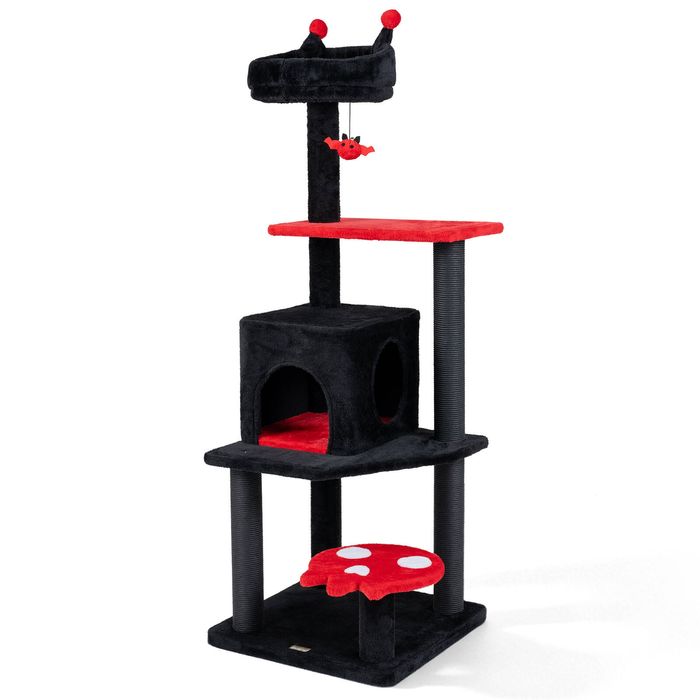 Costway Gothic Cat Tree 144cm Spooky Cat Tower Multi-level Pet Climbing Furniture-Red