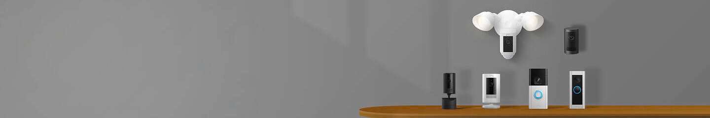 Multiple Ring products sitting on a bench with a grey background.