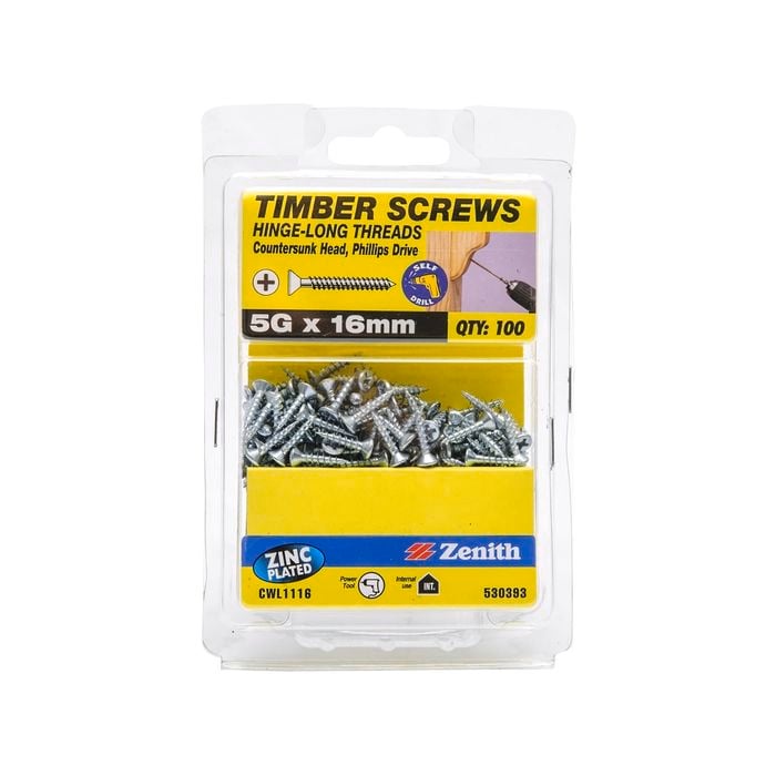 Zenith 5G x 16mm Zinc Plated Hinge-Long Threads Countersunk Head Timber Screws - 100 Pack