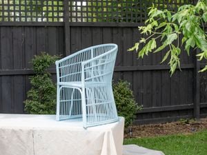 Painted wicker chair in gloss sky bus perched on a table covered in a drop sheet in a backyard