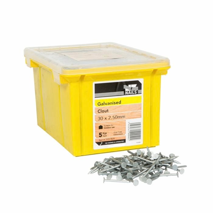 NZ Nails 30 x 2.5mm Galvanised Clout Head Nails - 5kg Box