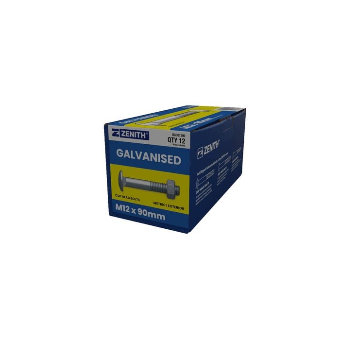 ZENITH M12 x 90mm Hot Dip Galvanised Cup Head Bolts And Nuts - 12 Pack