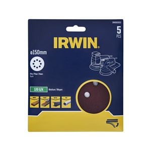IRWIN 150mm 120G 8H Quick Fit Random Orbital Sanding Discs - 5 Pack