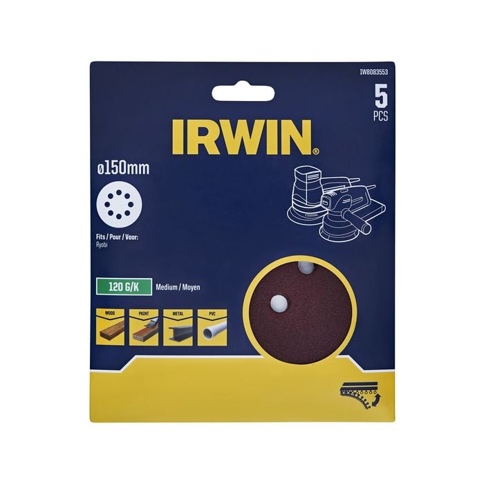IRWIN 150mm 120G 8H Quick Fit Random Orbital Sanding Discs - 5 Pack