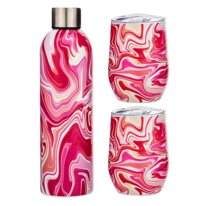 3pc Porta Summer Swirl Stainless Steel Double Wall Insulated Drinkware Set Pink