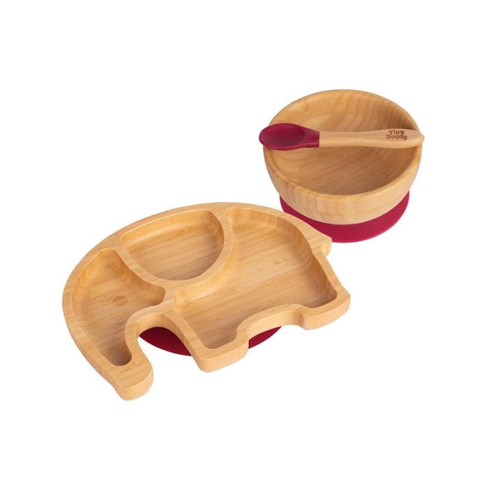 Tiny Dining Children's Bamboo Elephant Plate, Bowl and Spoon with Suction Cups - Segmented Design