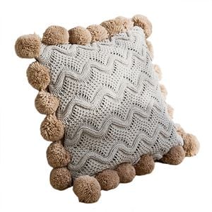 CottonMore Acrylic Knitted Pom Pom Cushion Cover 45x45cm Grey