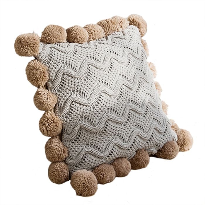 CottonMore Acrylic Knitted Pom Pom Cushion Cover 45x45cm Grey