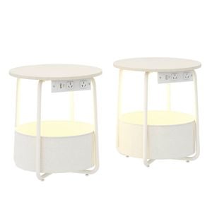 Ufurniture 2PCS Round Side Table with Charging Station and Storage Basket Sofa End Table Beige