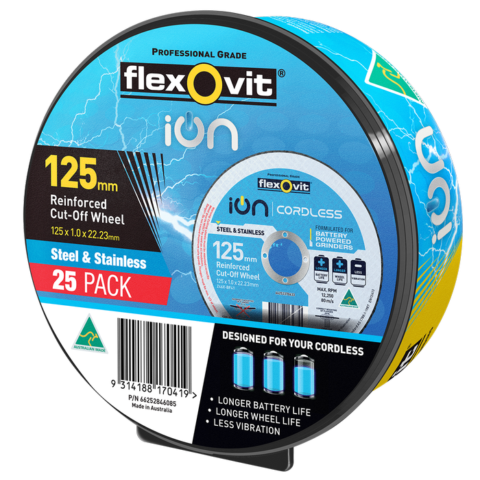 Flexovit 125 x 1.0 x 22.23mm Ion Cordless Reinforced Cut Off Wheel - 25 Pack