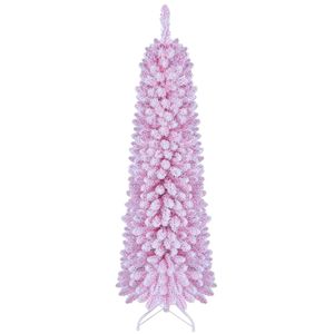 Costway 150cm Flocked Pencil Christmas Tree Artificial Fir Xmas Tree w/295 Branch Tips 110 LEDs-Pink
