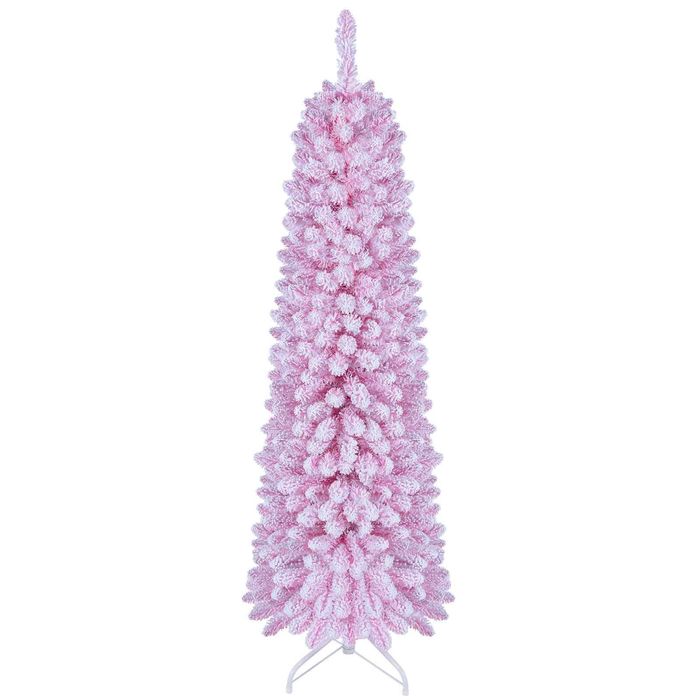 Costway 150cm Flocked Pencil Christmas Tree Artificial Fir Xmas Tree w/295 Branch Tips 110 LEDs-Pink