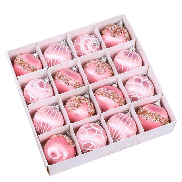 Catzon 16 Pcs Shiny Christmas Baubles Silk Wrapped with Rhinestone Sequins for Party Decor-Pink
