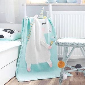 CottonMore Kids Children Cotton Knitted Blanket Unicorn Design Pram Blanket Throw - Blue