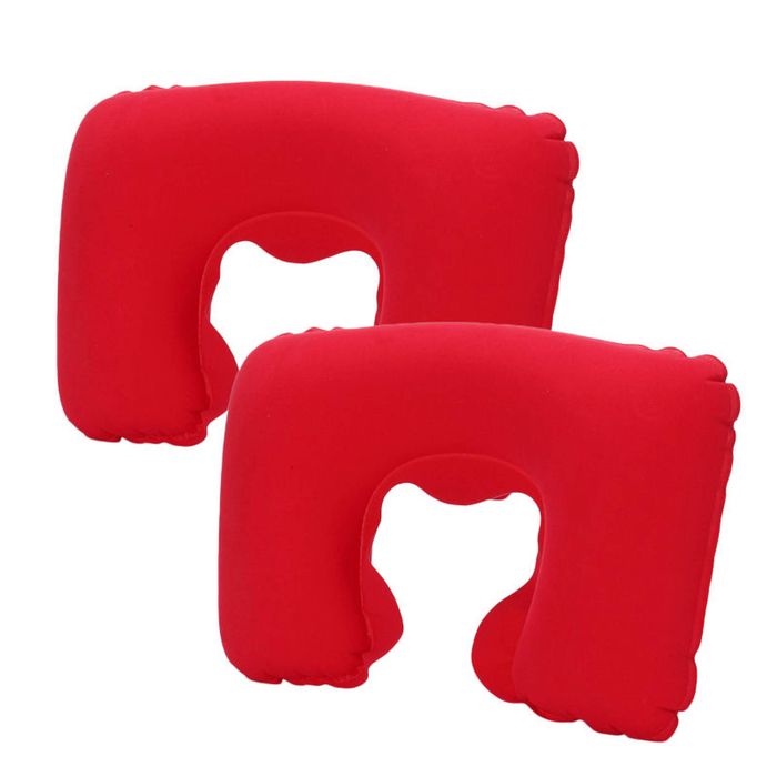 Catzon 2 Pcs Inflatable U-Shaped Pillow Flocked Fabric-Red