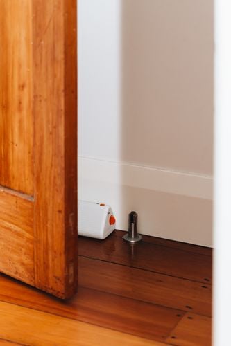 A smart mouse trap just visible behind a door that also does not stand out or make apparent its purpose