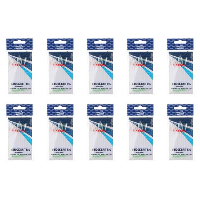 10x Jarvis Walker 6 Hook Bait Rig 12lb Main Line & 15lb Branch Line - Size 4