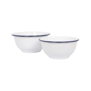 Argon Tableware Enamel Mixing Bowl Set - Blue Rim - 2 Piece Large Enamelware Metal Nesting Kitchen Mixing Bowls - 1.6l & 1.1l