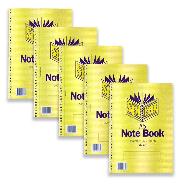 5pc Spirax 571 A5 Spiral Notebook School Writing Stationery Ruled 300-pages