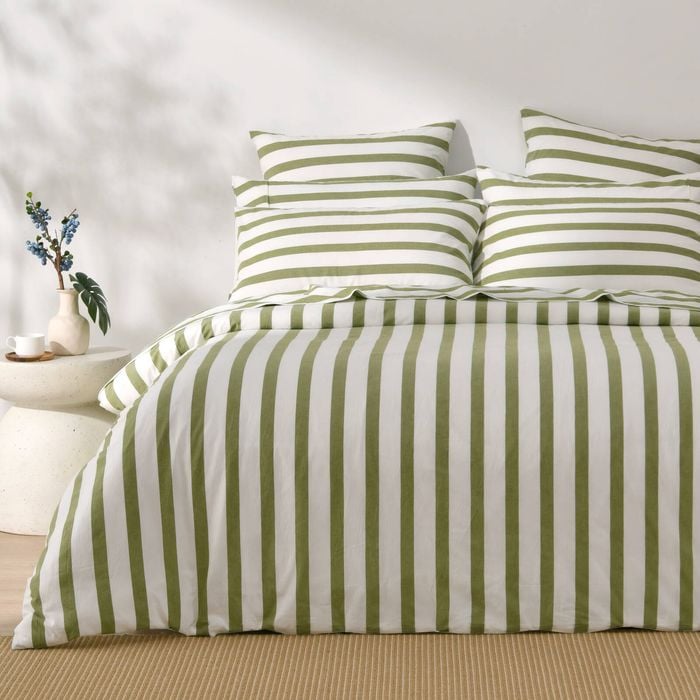 Dreamaker Cove Washed Cotton Yarn Dyed Wide Stripe Quilt Cover Set Olive Super King