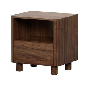 Oikiture Bedside Table Nightstand One Drawer Open Shelf Handle-Free Walnut