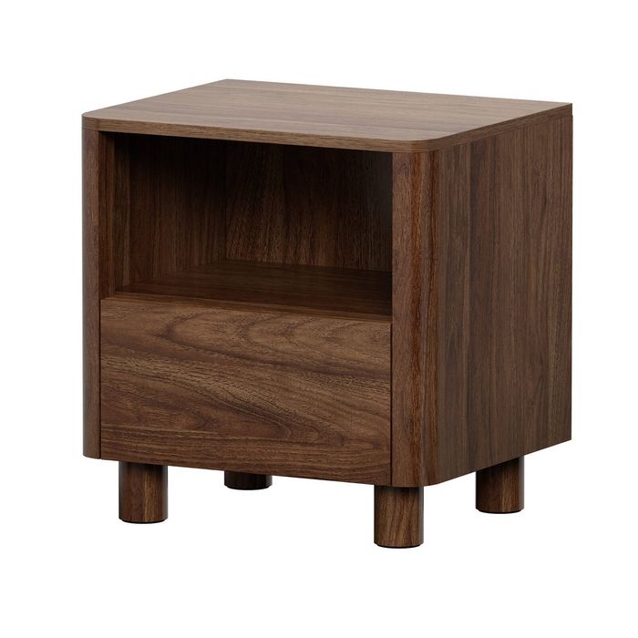 Oikiture Bedside Table Nightstand One Drawer Open Shelf Handle-Free Walnut