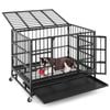 Costway 96cm Foldable Metal Dog Cage Chew-proof Dog Crate Portable Dog Kennel Crate W/lockable Wheels