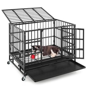 Costway 96cm Foldable Metal Dog Cage Chew-proof Dog Crate Portable Dog Kennel Crate W/lockable Wheels