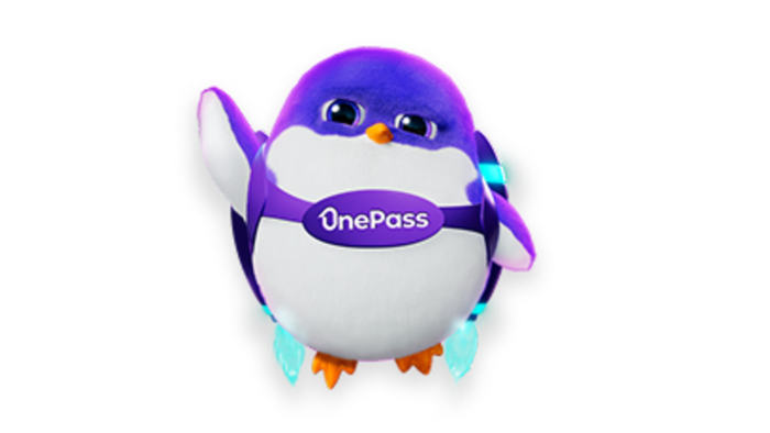                   A purple penguin with a OnePass label on his body