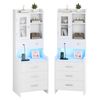 Advwin 2x 125cm Tall Bedside Table with Bookshelf, Charging Station & Glass Door White