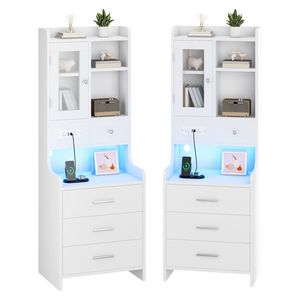Advwin 2x 125cm Tall Bedside Table with Bookshelf, Charging Station & Glass Door White